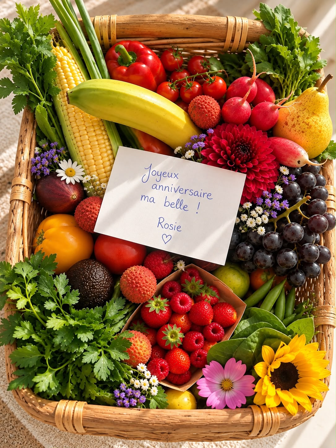 Grande corbeille garnie de fruits, légumes et fleurs de saison, avec une carte de vœux manuscrite